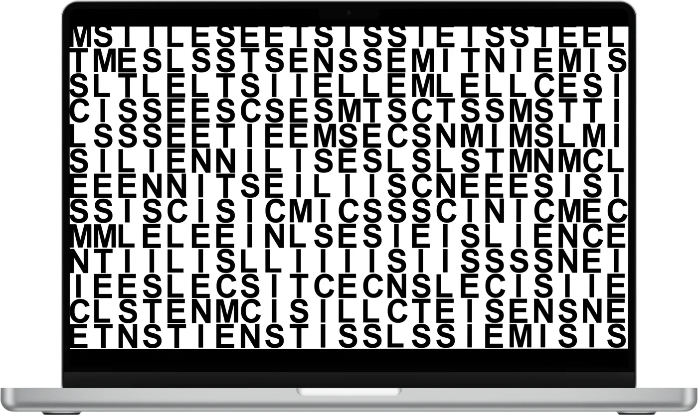 clemenstissi.com auf MacBook, Startseite mit typografischem Buchstabenraster aus den Buchstaben des Namens Clemens Tissi