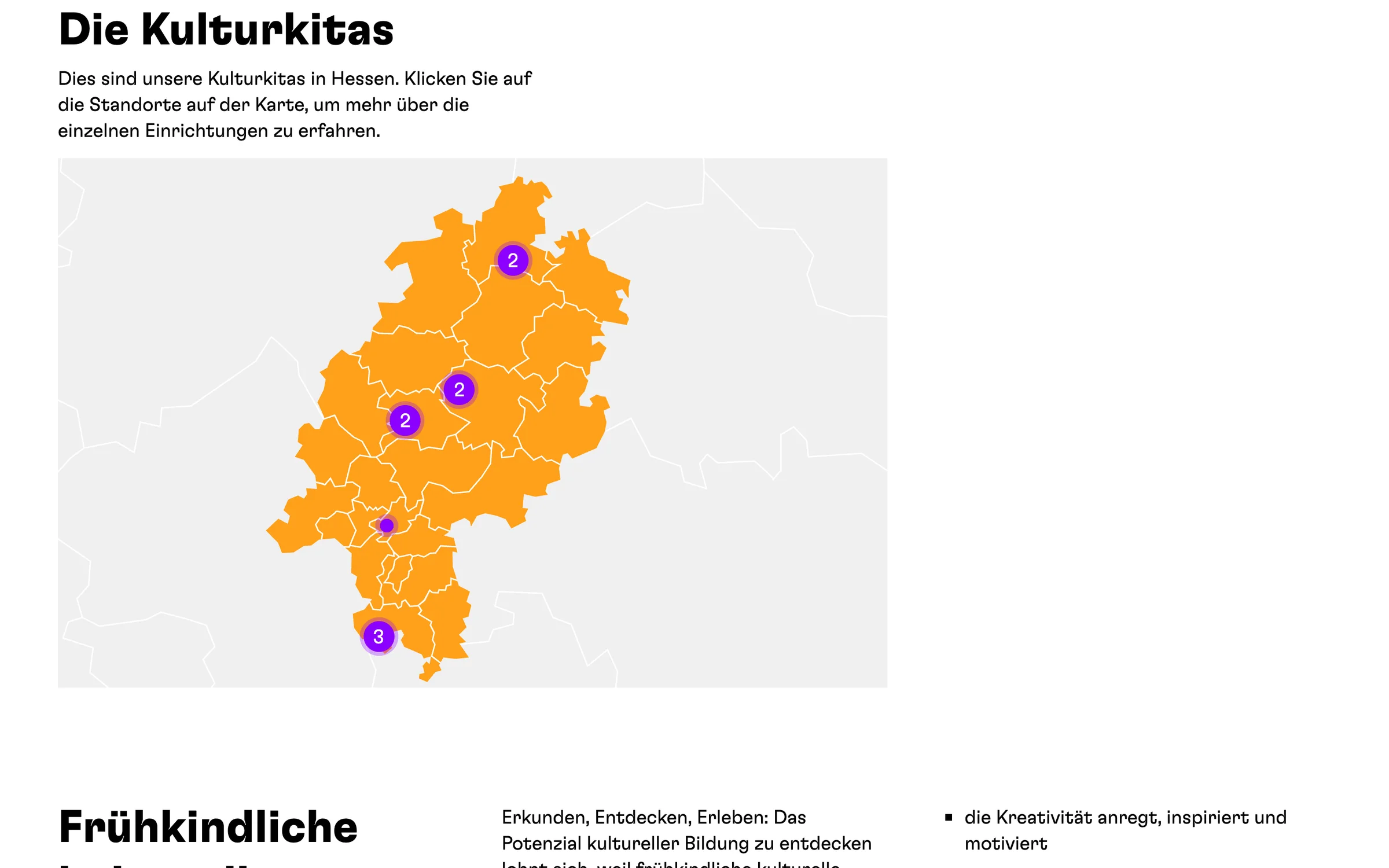 Interaktive Karte der Kulturkitas in Hessen, Desktop-Ansicht