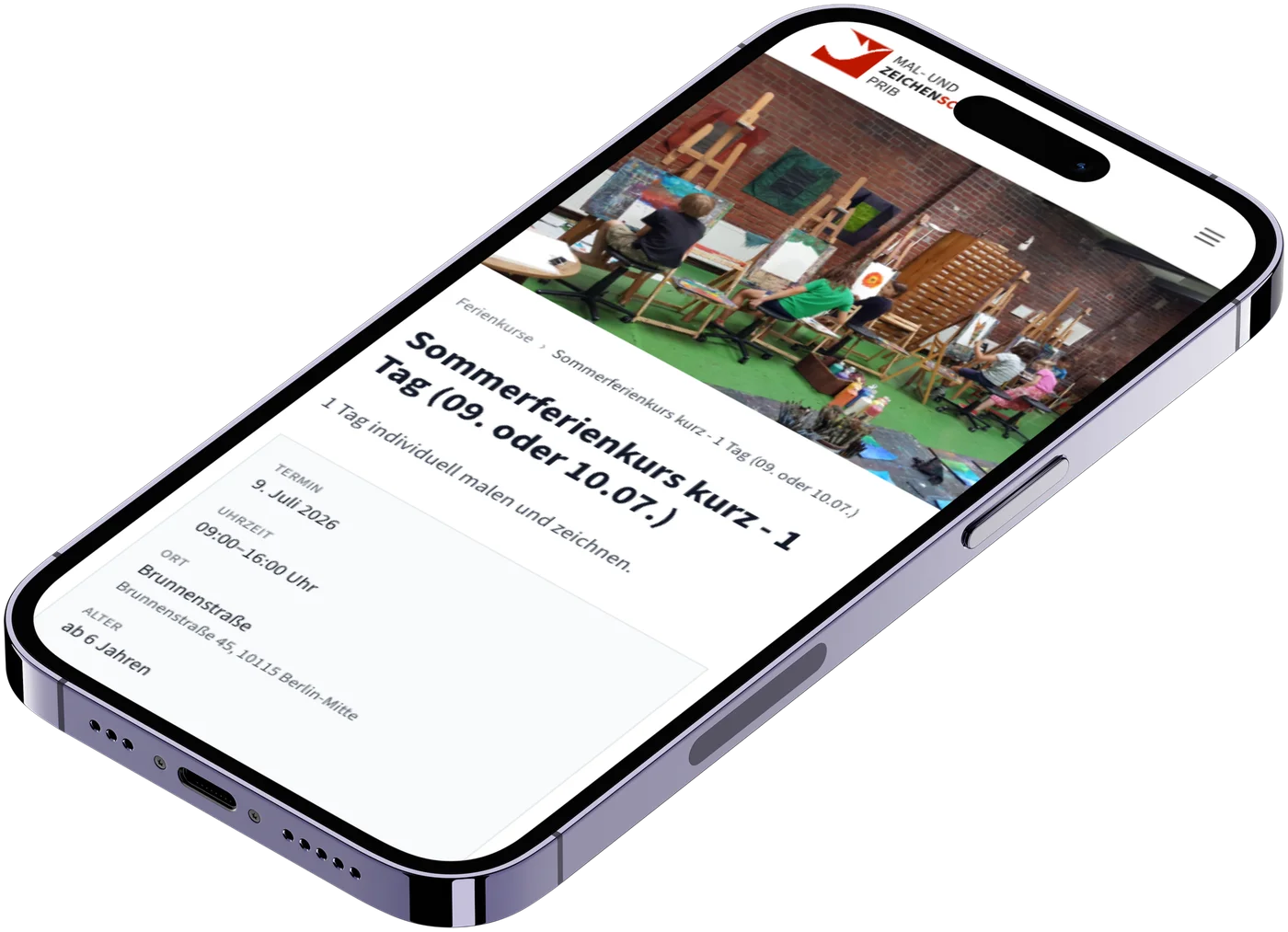 kunstschule-prib.de auf iPhone, mobile Ansicht der Ferienkurs-Detailseite mit Termin und Standort