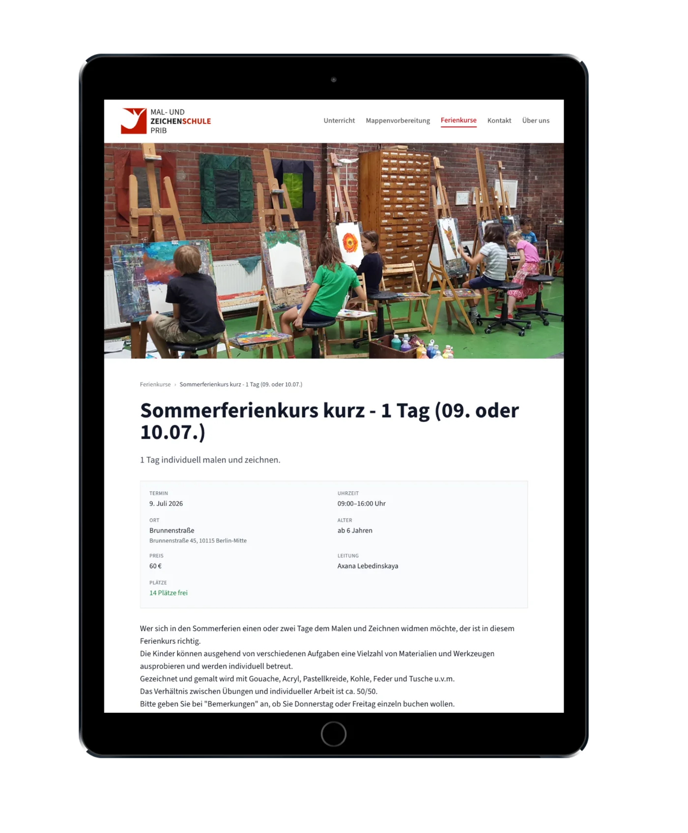 kunstschule-prib.de auf iPad, Ferienkurs-Detailseite mit Live-Daten aus dem CRM: Termin, Preis, freie Plaetze