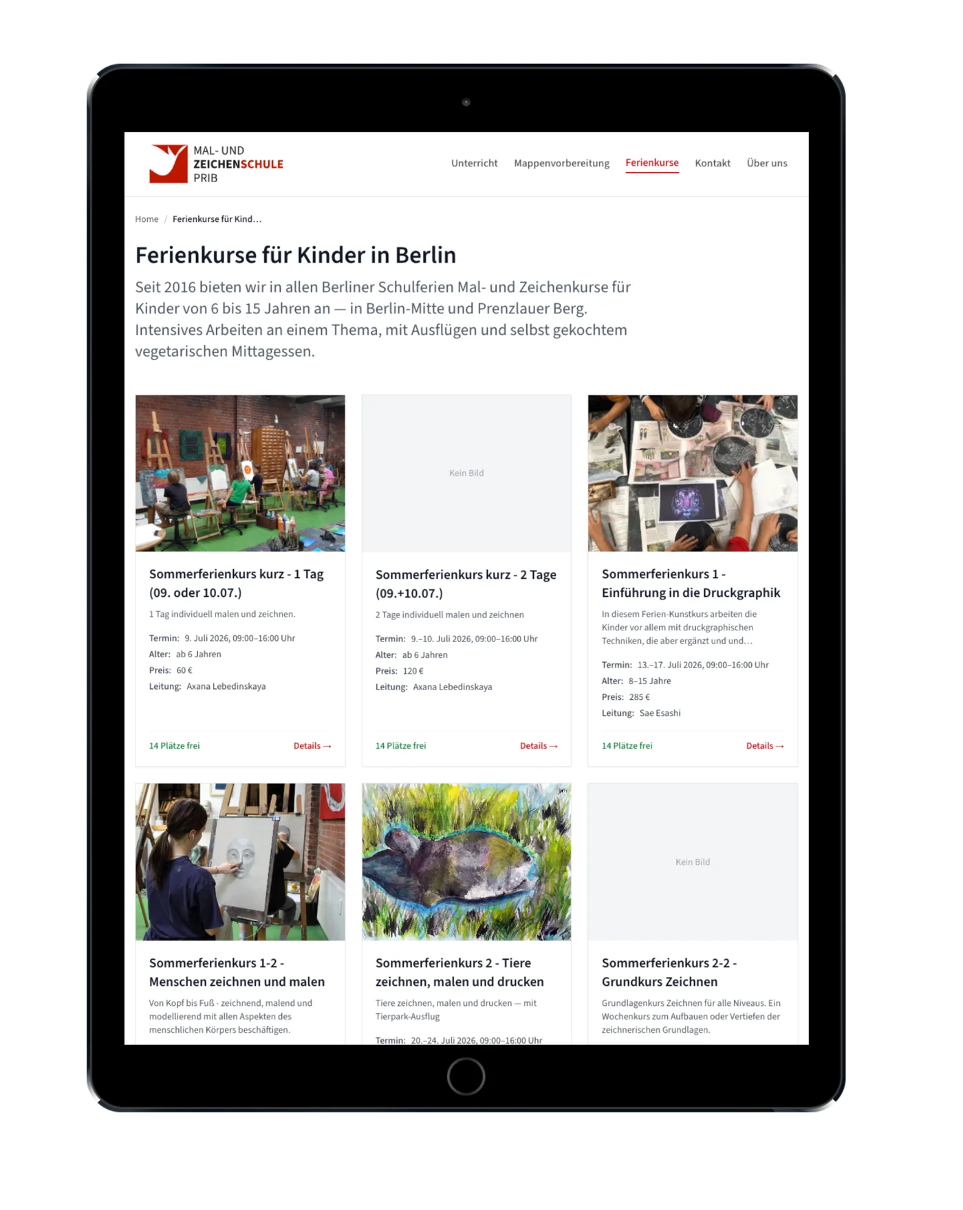 kunstschule-prib.de auf iPad, Ferienkurs-Uebersicht mit Kachelraster und Sommerferienkursen 2026