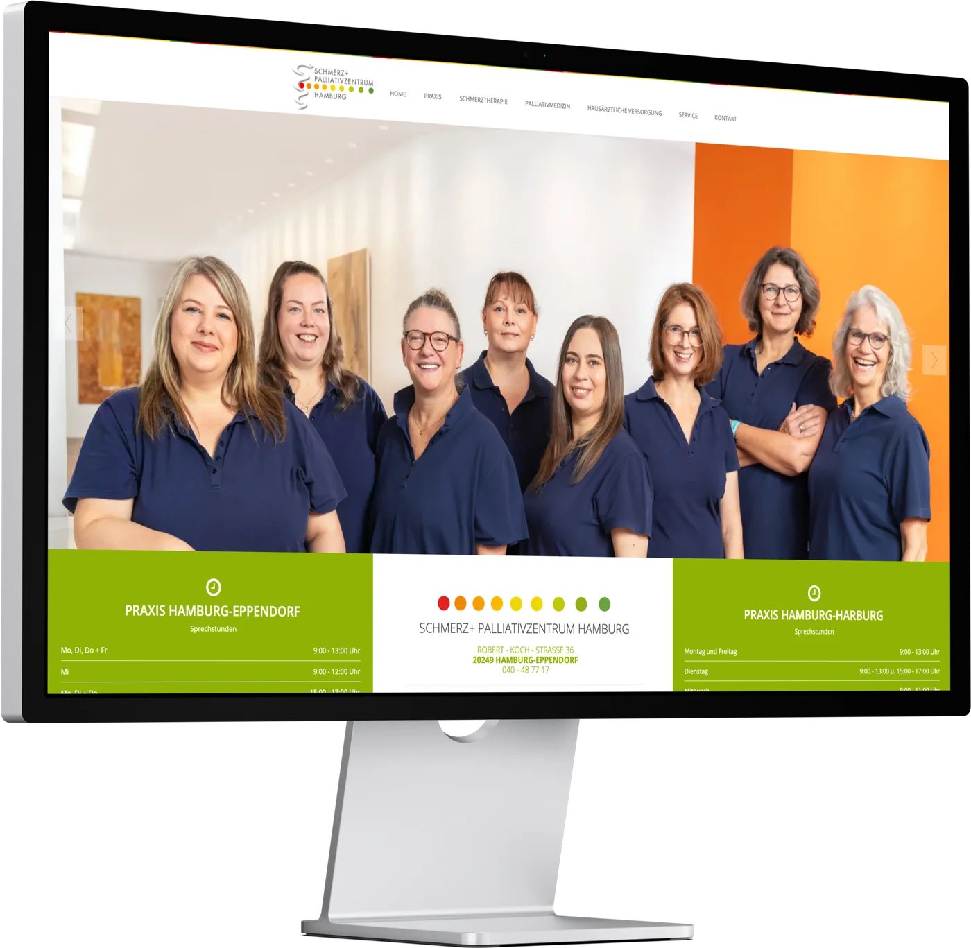 schmerz-palliativzentrum.de auf iMac, Startseite mit Team-Foto und Sprechzeiten beider Praxis-Standorte