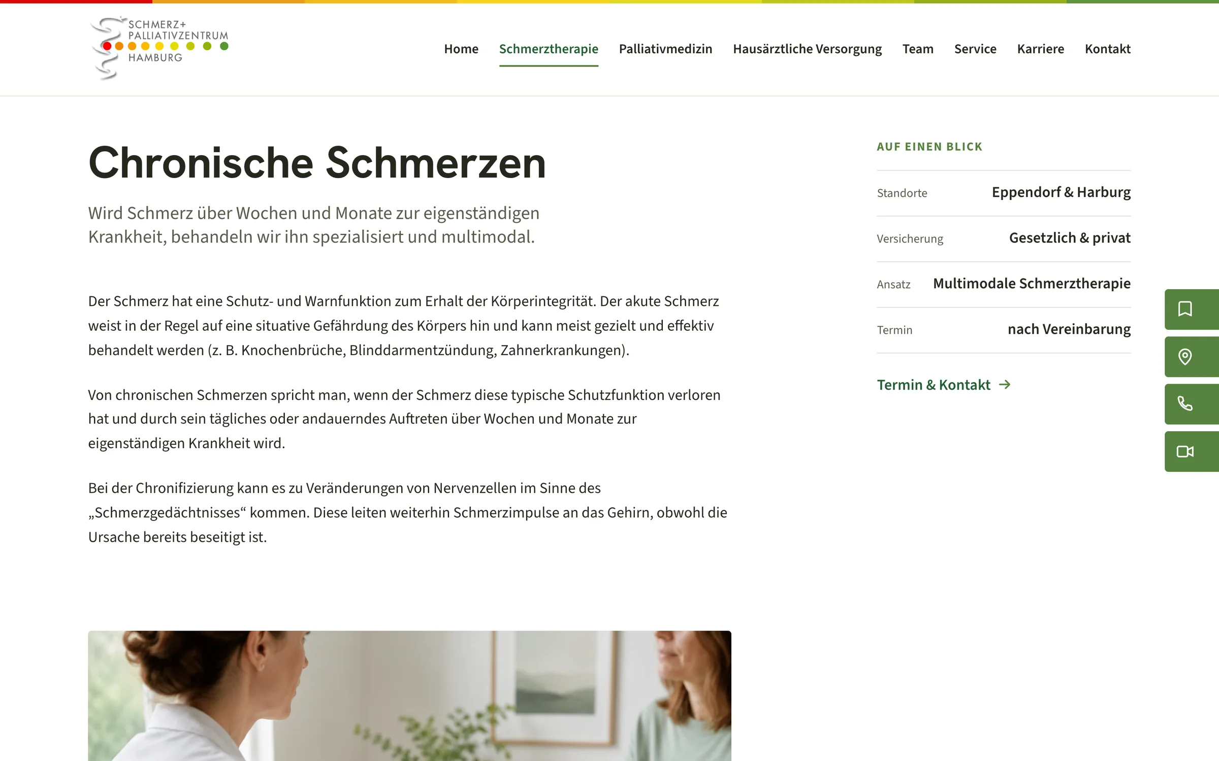 Seite Schmerztherapie mit Überblick zu Standorten und Versicherung, Desktop-Ansicht