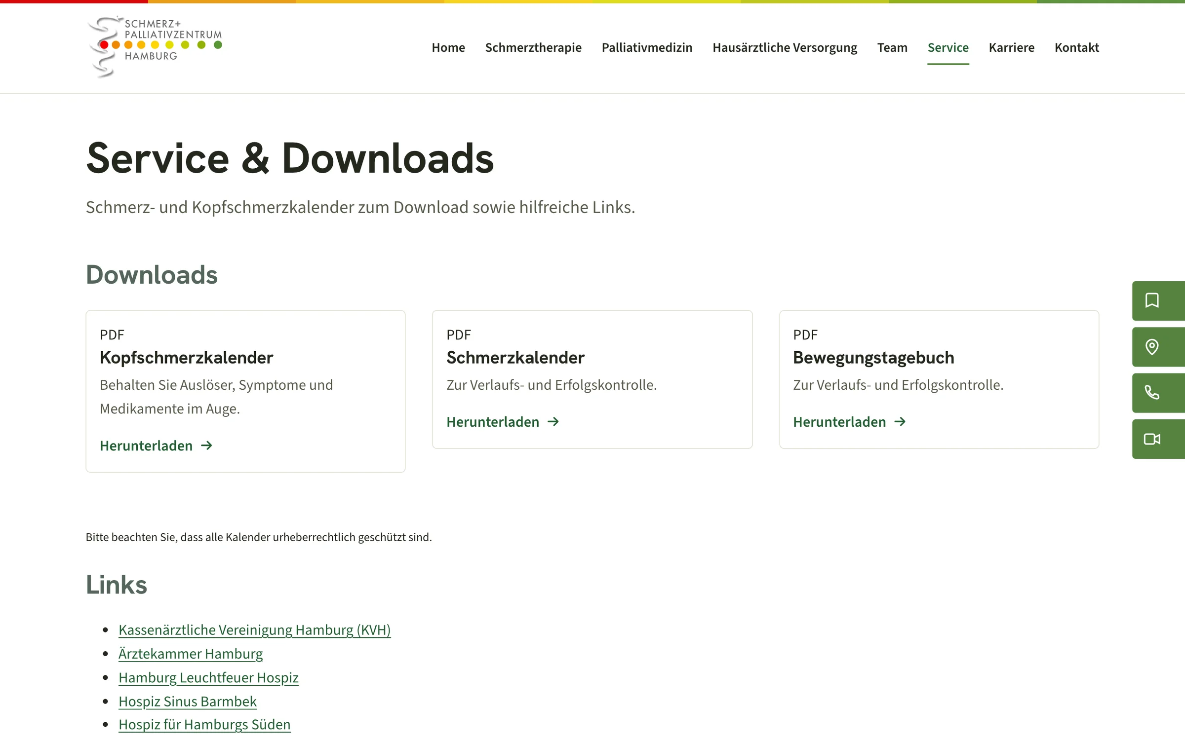 Seite Service und Downloads mit Kalendern zum Herunterladen