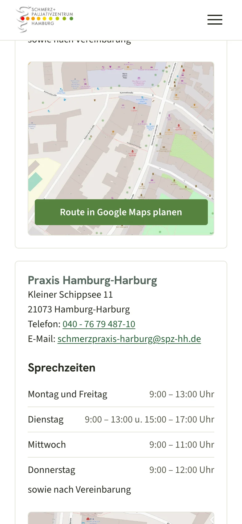 Kontaktseite mit Karte, Handy-Ansicht