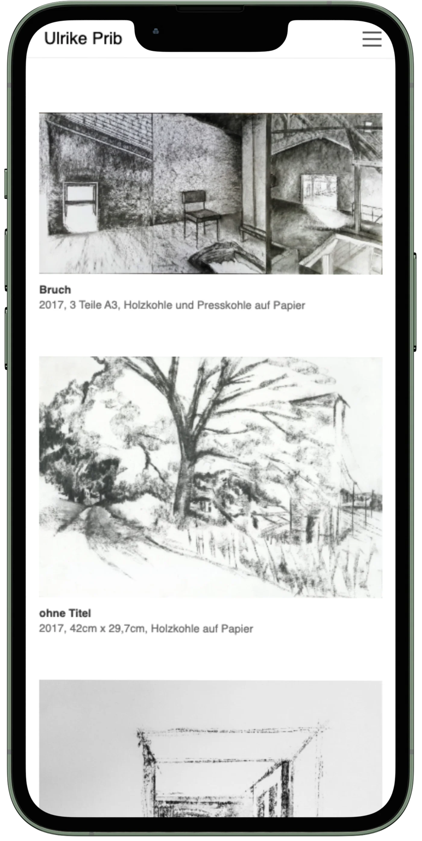 Mobile Ansicht der Website mit Werkgruppe Bruch, Holzkohle und Presskohle auf Papier, 2017